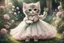 Placeholder: an anthropomorphic, kitten bride happily throwing a bouquet in a beautiful garden. The kitten has fluffy fur in shades of light brown and grey with distinct tabby markings on its face. Its large, expressive eyes are a deep emerald green and it has a small, pink nose. The kitten is wearing embroidered white lace bride dress, tulle, gemstones, pearls, adorning the hem and bodice. Behind her, a celebrating crowd, cats and people dressed in elegant clothes, wedding food and cake on the tables. Behin