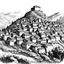 Placeholder: Walled village, on top of a mountain. Pen sketch, black and white. HD