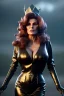 Placeholder: Raquel Welch as evil queen in black leather gown, angry, busty, curvey, cleavage, unreal 5, octane render, cinema4d, dynamic lighting, dramatic lighting, 4k, redshift render, highly detailed, hyper realistic