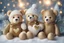 Placeholder: cute teddy bears holding hearts covered in sparkling gold glitter, beautiful winter composition, snowflakes, pine branches, Christmas ornaments and glowing Christmas lights