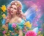 Placeholder: beautiful bright happy fairy portrait with long hair, thin face, two hands in a pink,blue, yellow flowers background,