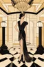 Placeholder: a woman with feathers in an Art Deco foyer