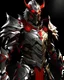 Placeholder: silver metal demon armor with crimson trim, gold highlights, glowing red eyes, long crimson cape, red hair out of the helmet