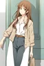 Placeholder: attractive anime woman with brown long hair, modern clothes, full body in frame