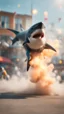 Placeholder: shark dog stunt man explosion and fall, smoke and blitz, bokeh like f/0.8, tilt-shift lens 8k, high detail, smooth render, down-light, unreal engine, prize winning