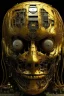Placeholder: A mechanical click gears in the shape of humane Al Face with golden texture reflecting a dim light from a candle source, Dali style , Busch painting style with computer motherboard filled with chips and electronic components in the background .