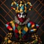 Placeholder: 2/3 portrait, creepy harlequin jester who has perfect identical copies of himself that stretch on and on infinitely into the horizon, mind-bending surreal image, dark colors, dramatic depth of field.