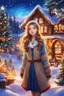 Placeholder: Once upon a time, in a magical Christmas village, there lived a beautiful anime girl with shiny light brown hair and lovely sparkling blue eyes, surrounded by Christmas trees and other festive decorations, cute cottages, glowing lights, and a snowy landscape. As the sunset light painted the sky with warm hues, the girl's digital painting came to life with vivid colors, creating a mesmerizing scene for all to see.