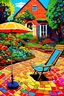 Placeholder: painting of a psychadelic colourful natural courtyard with brick road and grass, flowers and trees, mushrooms, round coffee table with shade and umbrella by van gogh and andy warhol infusion.