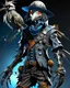 Placeholder: terrifingly cute cyberpunk scarecrow holding a crow, in the style of Android Jones, photography, head to toe, full body shot, white, navy blue grey, very detailed, very clear photo, 3D,