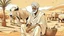 Placeholder: Old man, Arab, turban, white clothes, cattle, desert, council, sun, palm trees, mud houses, holding a stick, looking forward, a very slight smile.cartoon,Sitting on a chair,long beard,Mouth slightly open