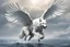 Placeholder: white wolf with eagle wings fly ower a sea