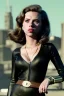 Placeholder: retro portrait image from 1960, city background, wind, long hair, young Scarlett Johansson, classic black tight lycra suit, metal stick weapon, gold bracelet and belt, high heel boots, soft color, highly detailed, unreal engine 5, ray tracing, RTX, lumen lighting, ultra detail, volumetric lighting, 3d, finely drawn, high definition, high resolution.