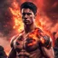 Placeholder: Hyper Realistic Extremely Handsome Young Muscular Fire-Super-Hero with short-black-hair standing with Lava-splashes meteors with red cloudy sky & smoke around, dramatic & cinematic ambiance