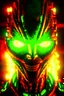 Placeholder: Face of an evil robot with a demonic smile, white eyes, surrounded by flames, youthful green light, fire starter in the background