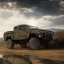 Placeholder: stylized hyperrealistic shot, muddy military pickup truck, guns mounted, monotone color palette, sharp focus, puddle reflection, tire water splash, refraction, mist on the horizon, shadowcast, god rays, detailed and intricate, cinematic composition, micro, tilt shift photography