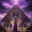 Placeholder: Hyper Realistic Beautiful-Alien-Cleopatra standing her prehistoric-pyramid with her alien-prehistoric-guards in-perfect-symmetrical-order & ancient ruins behind them with purple-cloudy-sky at dark-heavy-rainy-night giving dramatic & cinematic ambiance