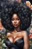 Placeholder: Create an watercolor image of a curvy black female wearing a black off the shoulder blouse and she is looking down with Prominent makeup. Highly detailed tightly curly black afro. Background of large black flowers surrounding her