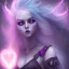 Placeholder: evil satanic girl with devil horns, colorful purple and blue hair, heart shaped eyes, angry, blue flaming halo, portrait