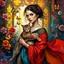 Placeholder: A vibrant, artistic portrait of a woman holding a cat, with rich, layered, and vivid colors. The woman is surrounded by flowing fabrics in bold hues, intricate floral patterns in the background, and dynamic brushstrokes that create a sense of movement. Add golden light filtering through stained-glass windows, delicate butterflies fluttering around, and abstract geometric shapes blending into the scene. The style is expressive, painterly, and immersive, evoking a sense of wonder and depth.