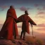 Placeholder: dungeons and dragons, monk, black, african, portrait, face, close up, cloak, clothes, cape, brown fabric, sunset, red sun, single person, red sky