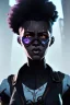 Placeholder: portrait,beautiful black woman, afro hair, post-apocalyptic in a cyberpunk city, realistic, intriacte detail, sci-fi fantasy style, volumetric lighting, particales,highly detailed,cinamatic, deep colours,8k