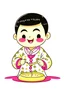 Placeholder: Cartoon, Chinese little boy with a Chinese pigtail, chubby face, pink cheeks, wearing a Chinese jacket, smiling very simple and honest, cooking