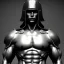 Placeholder: Muscular man sculpture, background = BLACK with a bit of mist, roman warrior, armor, helmet