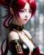 Placeholder: Detailed cute anime Kunoichi girl with a tail, blood red hair buns, bangs, black latex bodysuit, intricate details, full body portrait, keep head in frame, slight smile, black Japanese motif, concept art, highly detailed, digital painting, concept art, sharp focus, illustration, art by Yoji Shinkawa, WLOP and greg rutkowski and alphonse mucha and artgerm and yanjun Chen and Junji ito and Makoto Shinkai, HDR, octane render