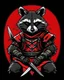 Placeholder: racoon samurai with a katana, into an armor, red black colors,