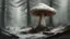 Placeholder: a huge whitish mushroom between the pines, around the forest and falling snow, post-apocalypse, dark colors, Luis Royo & Raymond Swanland & Alyssa Monks & Anna Razumovskaya