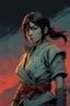 Placeholder: Original anime Japanese female kungfu warrior main character . Studio ghibli style mixed with Frank Frazetta. Mobius style background. Iconic character design. Dynamic silhouette . Unique features. Make the eyes the focal point. Dystopian sci-fi . Stone cold killer. Brilliant use of color theory and cinematic lighting. cubism style, cartoon style