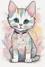 Placeholder: A playful kitten, adorned in a dainty floral dress, surrounded by a sea of pastel colors on a blank white canvas, with bold black lines and precise outlines.