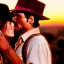 Placeholder: johnny depp as indiana jones kissing a model, in ancient rome, at sunset.