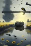 Placeholder: gray lake with bridge of sunflowers and tanks and black birds in fuggy sky with dim sunlight