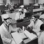 Placeholder: scientists at the computer in carnival masks. the masks are checkered.