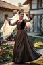 Placeholder: A full-body cinematic photograph of a graceful Azerbaijani woman performing a traditional national dance. She wears an intricately embroidered velvet bodice and a flowing long silk skirt. On her head is a small ornate traditional crown with a long, translucent white lace veil flowing elegantly behind her. She stands in a poised, elegant dance pose in a pretty country side village with dramatic professional spotlighting. next to river flowers