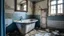 Placeholder: An old, dilapidated bathroom with crumbling walls, tiled floor and walls and a bathtub. The room has a feeling of abandonment and decay, with a gloomy and disturbing atmosphere.