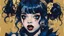 Placeholder: Poster in two gradually, a one side malevolent goth vampire girl face and other side the Singer Melanie Martinez face, painting by Yoji Shinkawa, darkblue and gold tones,