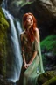 Placeholder: Close UP, delicate, cute, soft, skinny belly red haired Young lady, Green eyes , cave waterfall, medieval