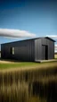 Placeholder: Highly contrasted metal shed on a flat grassland scape