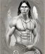 Placeholder: native american warrior, long black hair, big muscles, big half circular from shoulder to chest fabric piece