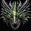 Placeholder: stunning metallic shiny silver-green dragon head with yellow eyes on black background, dragon looking the camera, dark fantasy, vector illustration, 2d , centered, high detalied, professional, line art, vector graphics, dark mood, hyper realistic, deep colors, cinematic