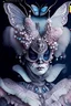 Placeholder: Beautiful witch moth light pink and dark blue silver dust gradient and silver King front wiev textured detailes skin,and textured wings portrait, wearing rococo style with hat headdress wearing ornate rococo costume adorned with black gems, beads, silver dust pearls organic bio spinal ribbed detail of rococo floral, white and silvrer wicked background extremely detailed, athmoshpheric, hyperrealistic maximál