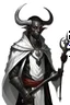 Placeholder: En Young male black skin black hair tiefling Wizard with large horns glowing Silver and White symbols Everywhere on his body. He's wearing silver and White Rope and a silver cloak. His horn a perfectly place on acet from the front to the back pointing upwards with glowing Red cat Eyes holding a quarterstaff. His close is elegant get simple his horns Are Same size. En his other hand his casting A Spell