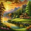 Placeholder: An exquisite oil painting capturing a dreamlike paradise, with a charming little farmhouse nestled by a calm lake. The farmhouse, with its rustic appeal, contrasts against the serene water, surrounded by a lush, verdant forest and rolling hills. The background unfolds into a dramatic landscape, featuring towering mountains and a stunning sunset sky that casts warm, vibrant hues across the scene. The artist's mastery is evident in the seamless blend of traditional oil painting techniques with the