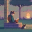Placeholder: pixel art of student studying law outside at dusk near cat