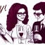 Placeholder: Label of red wine with grapes and vines. A lady in her 40 with long har and eyes glasses, and her male colleague friend with short hair, with muscles and he hasn't got glasses. They are drinking fresh red wine with smiles. simple funny sketch in pencil