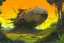 Placeholder: lush dense jungle, sunset, horizon view spacecraft crashed wreck by moebius