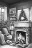 Placeholder: Create a black and white drawing of a cozy fireplace scene with stockings